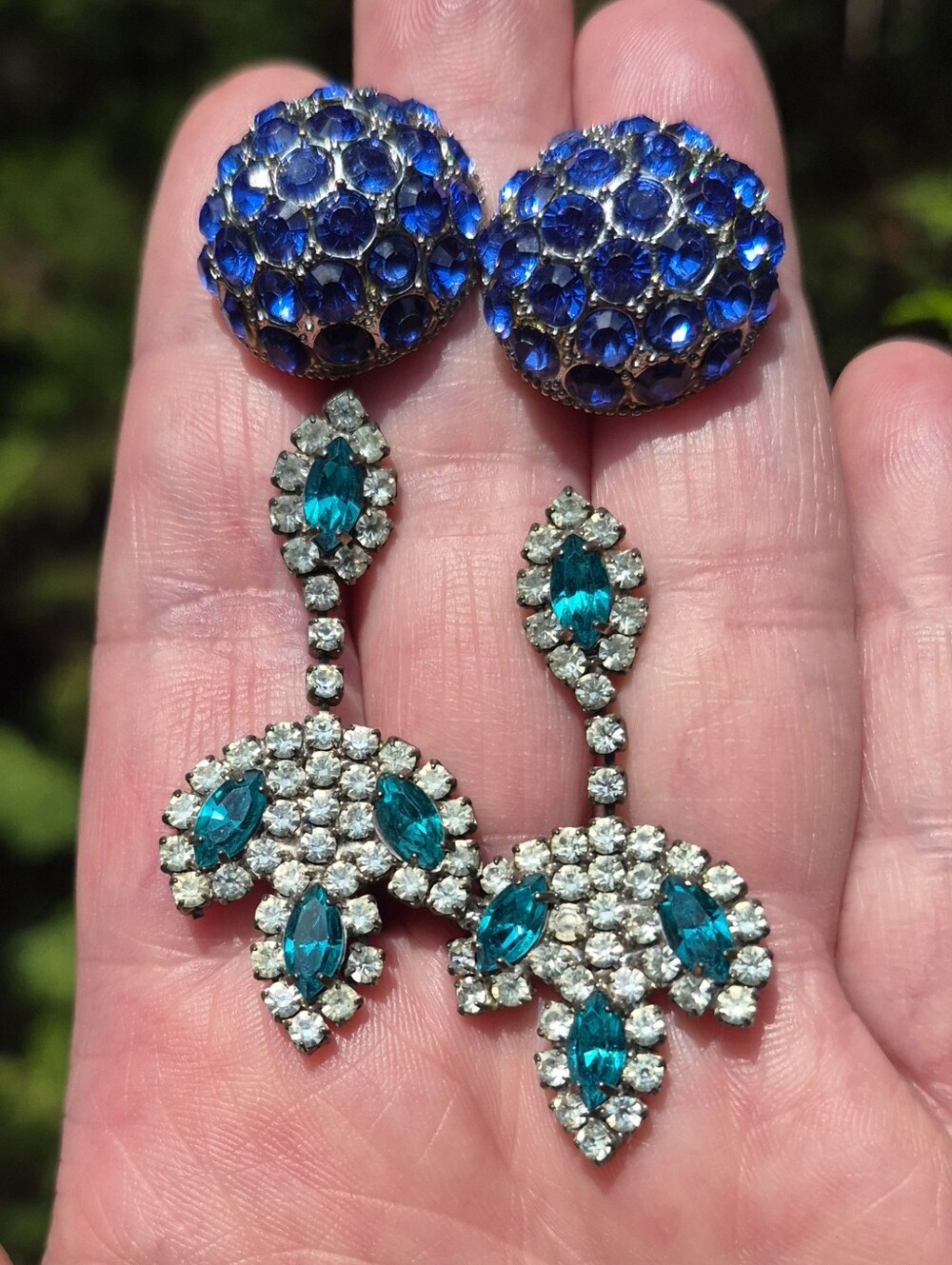 Rhinestone Earrings Lot Of 2 Pierced Pairs Aqua & Clear Crystal Dangle Blue Dome